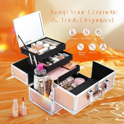 3-Tray Makeup Case with Mirror & Brush Holder, 11.6" Shine Black | Travel-ready makeup train case with lots of storage capacity. Home makeup box organizer holds cosmetics neatly and clean.