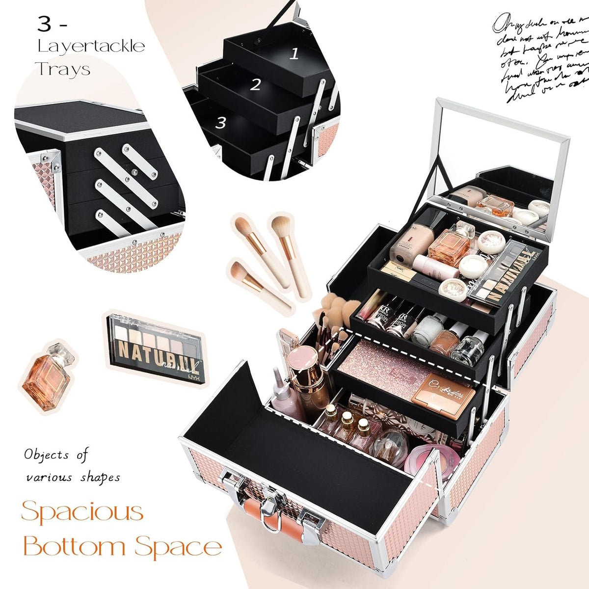 3-Tray Makeup Case with Mirror & Brush Holder, 11.6" Shine Black | Travel-ready makeup train case with lots of storage capacity. Home makeup box organizer holds cosmetics neatly and clean.