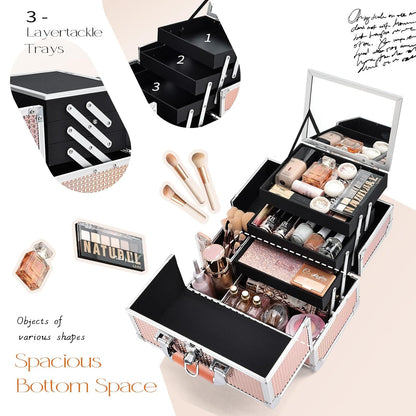 3-Tray Makeup Case with Mirror & Brush Holder, 11.6" Shine Black | Travel-ready makeup train case with lots of storage capacity. Home makeup box organizer holds cosmetics neatly and clean.