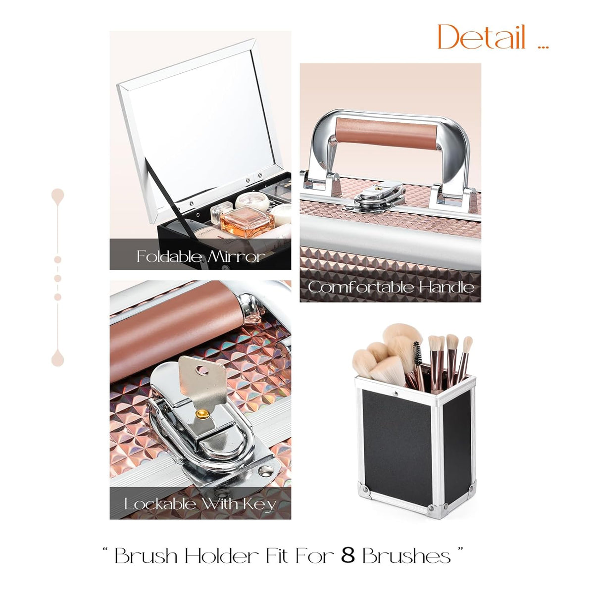3-Tray Makeup Case with Mirror & Brush Holder, 11.6" Shine Black | Travel-ready makeup train case with lots of storage capacity. Home makeup box organizer holds cosmetics neatly and clean.