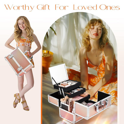 3-Tray Makeup Case with Mirror & Brush Holder, 11.6" Shine Black | Travel-ready makeup train case with lots of storage capacity. Home makeup box organizer holds cosmetics neatly and clean.