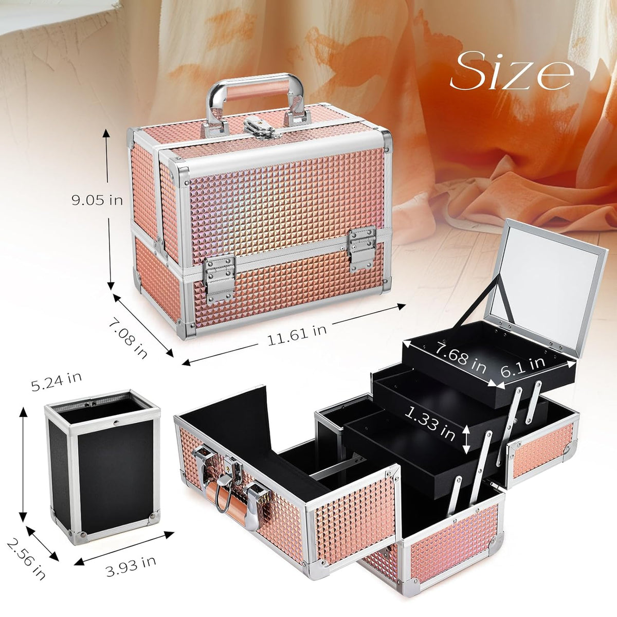 3-Tray Makeup Case with Mirror & Brush Holder, 11.6" Shine Black | Travel-ready makeup train case with lots of storage capacity. Home makeup box organizer holds cosmetics neatly and clean.