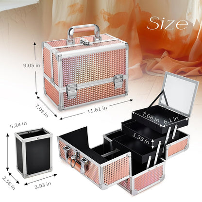 3-Tray Makeup Case with Mirror & Brush Holder, 11.6" Shine Black | Travel-ready makeup train case with lots of storage capacity. Home makeup box organizer holds cosmetics neatly and clean.