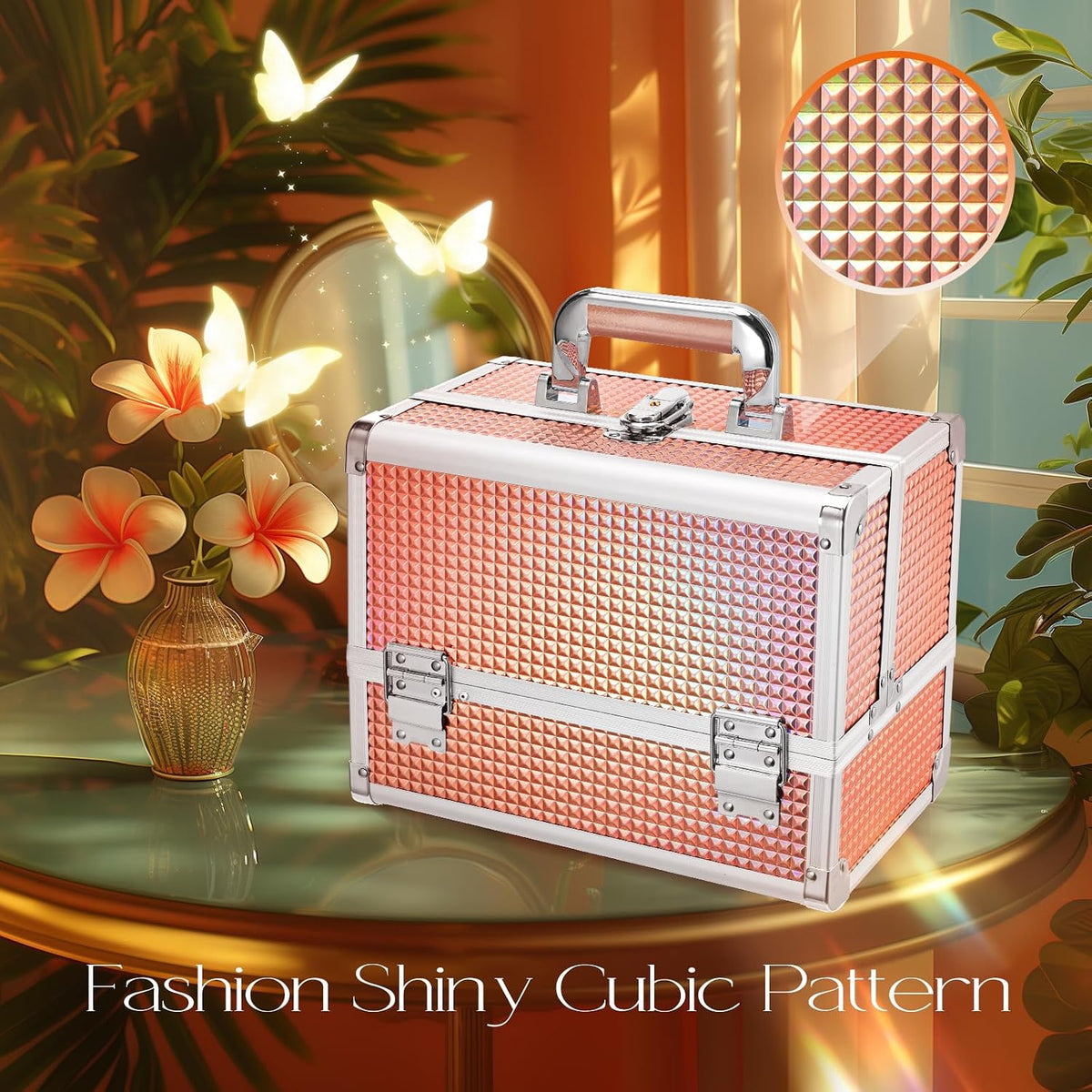 3-Tray Makeup Case with Mirror & Brush Holder, 11.6" Shine Black | Travel-ready makeup train case with lots of storage capacity. Home makeup box organizer holds cosmetics neatly and clean.