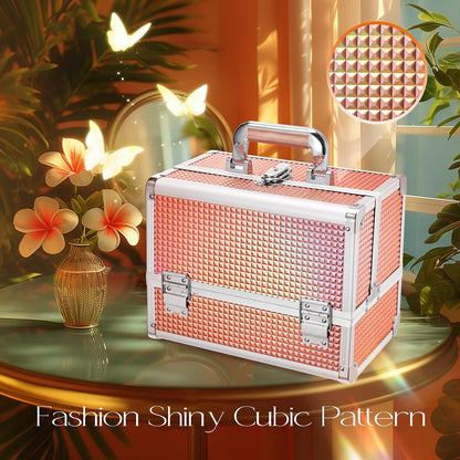 3-Tray Makeup Case with Mirror & Brush Holder, 11.6" Shine Black | Travel-ready makeup train case with lots of storage capacity. Home makeup box organizer holds cosmetics neatly and clean.
