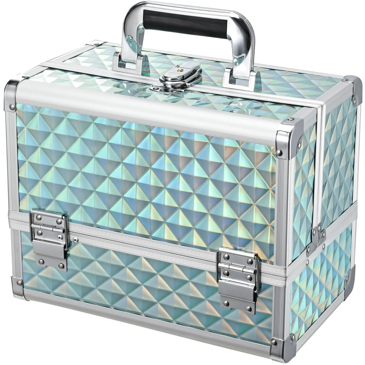 3-Tray Makeup Case with Mirror & Brush Holder, 11.6" Shine Black | Travel-ready makeup train case with lots of storage capacity. Home makeup box organizer holds cosmetics neatly and clean.