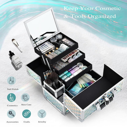 3-Tray Makeup Case with Mirror & Brush Holder, 11.6" Shine Black | Travel-ready makeup train case with lots of storage capacity. Home makeup box organizer holds cosmetics neatly and clean.