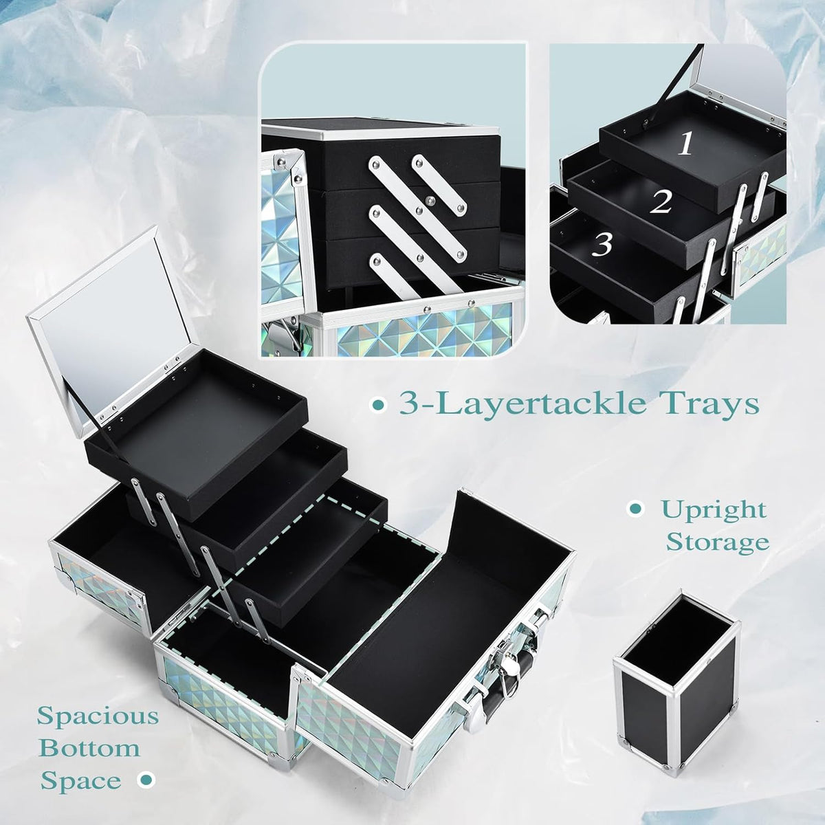 3-Tray Makeup Case with Mirror & Brush Holder, 11.6" Shine Black | Travel-ready makeup train case with lots of storage capacity. Home makeup box organizer holds cosmetics neatly and clean.
