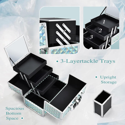 3-Tray Makeup Case with Mirror & Brush Holder, 11.6" Shine Black | Travel-ready makeup train case with lots of storage capacity. Home makeup box organizer holds cosmetics neatly and clean.