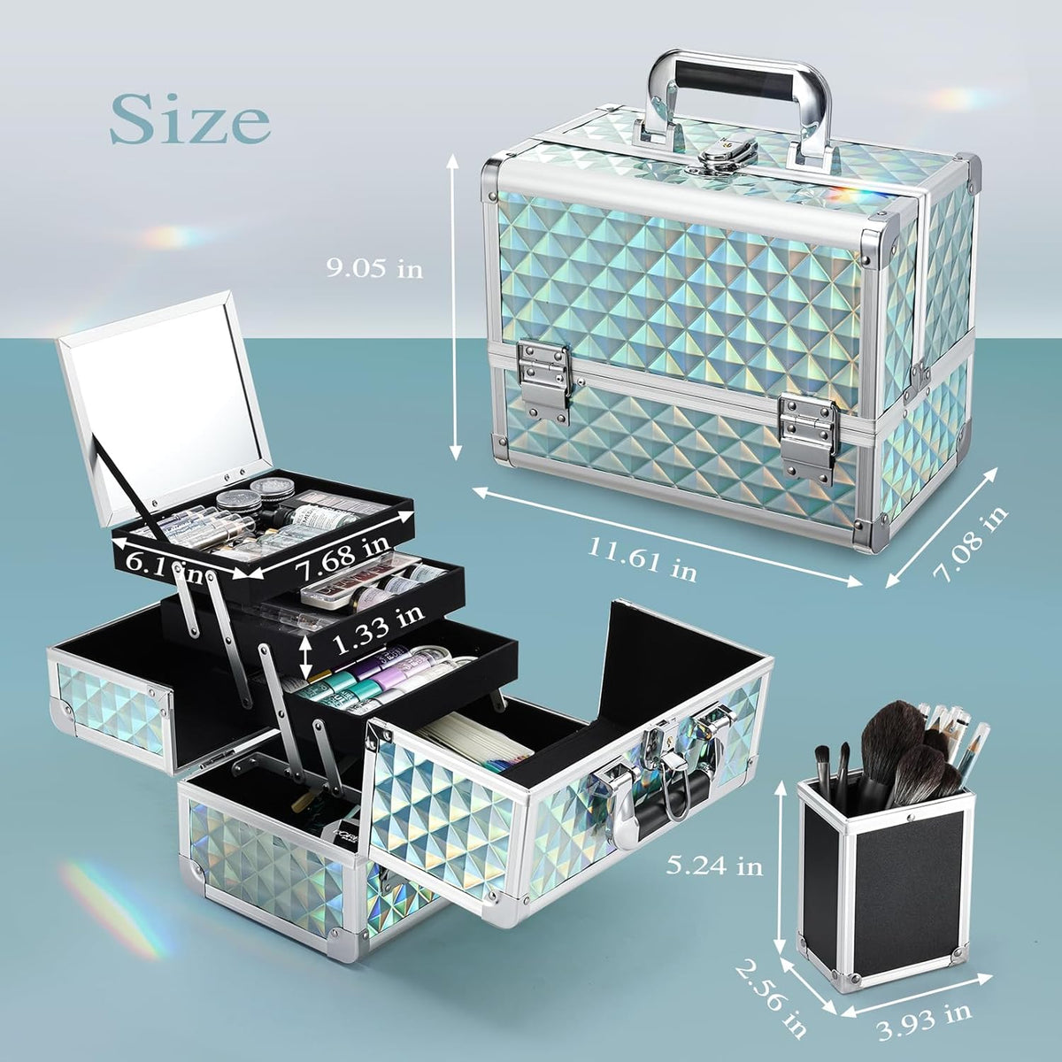 3-Tray Makeup Case with Mirror & Brush Holder, 11.6" Shine Black | Travel-ready makeup train case with lots of storage capacity. Home makeup box organizer holds cosmetics neatly and clean.