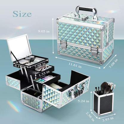 3-Tray Makeup Case with Mirror & Brush Holder, 11.6" Shine Black | Travel-ready makeup train case with lots of storage capacity. Home makeup box organizer holds cosmetics neatly and clean.