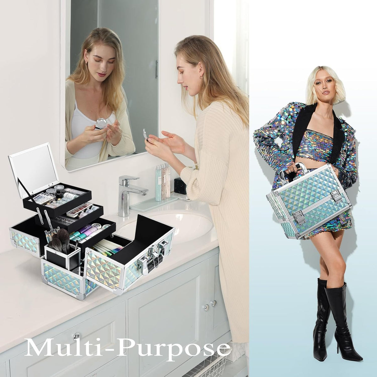 3-Tray Makeup Case with Mirror & Brush Holder, 11.6" Shine Black | Travel-ready makeup train case with lots of storage capacity. Home makeup box organizer holds cosmetics neatly and clean.