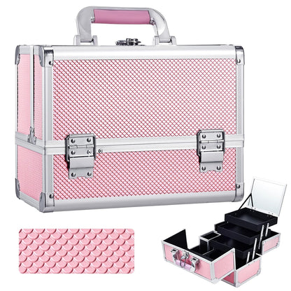 3-Tray Makeup Case with Mirror & Brush Holder, 11.6" Shine Black | Travel-ready makeup train case with lots of storage capacity. Home makeup box organizer holds cosmetics neatly and clean.