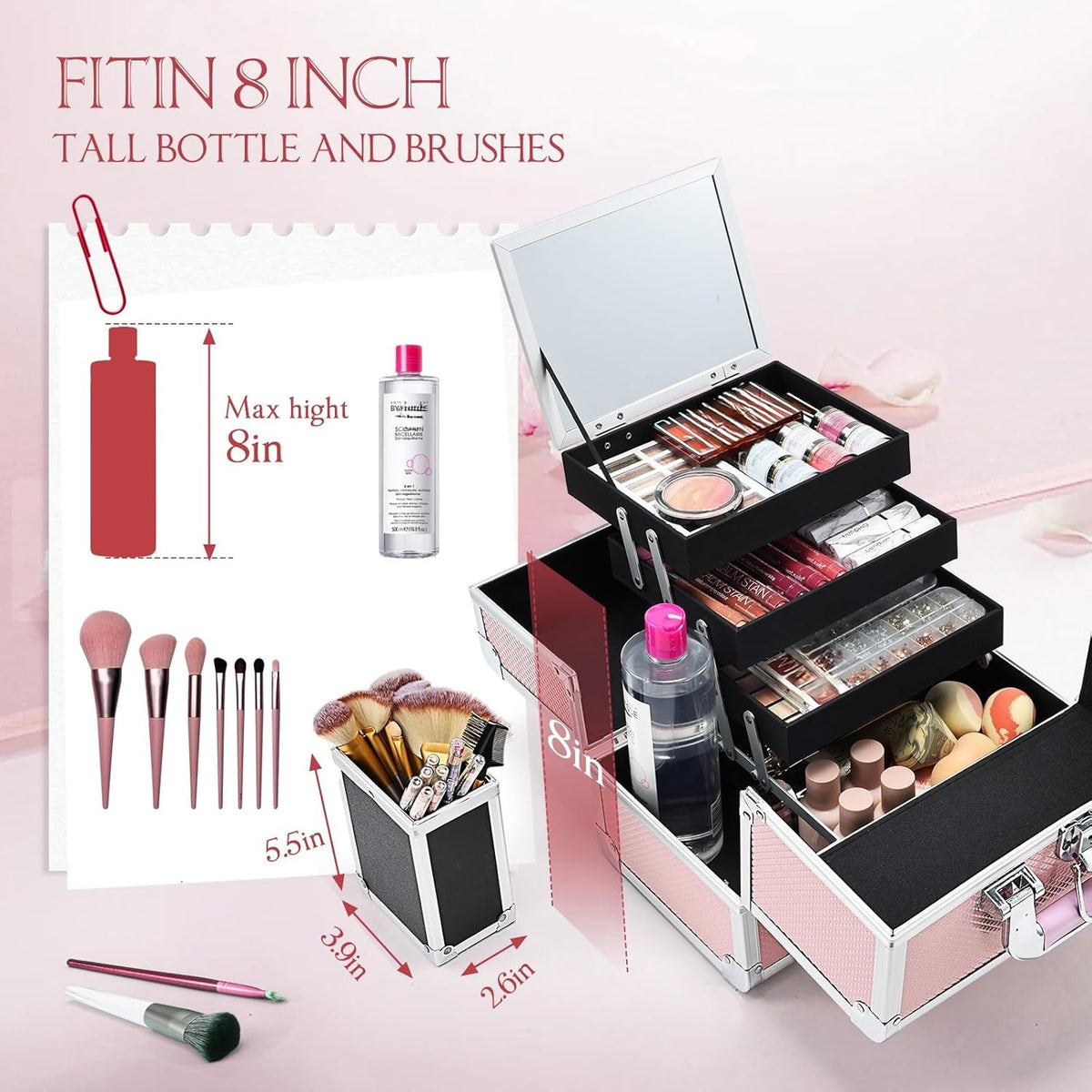 3-Tray Makeup Case with Mirror & Brush Holder, 11.6" Shine Black | Travel-ready makeup train case with lots of storage capacity. Home makeup box organizer holds cosmetics neatly and clean.