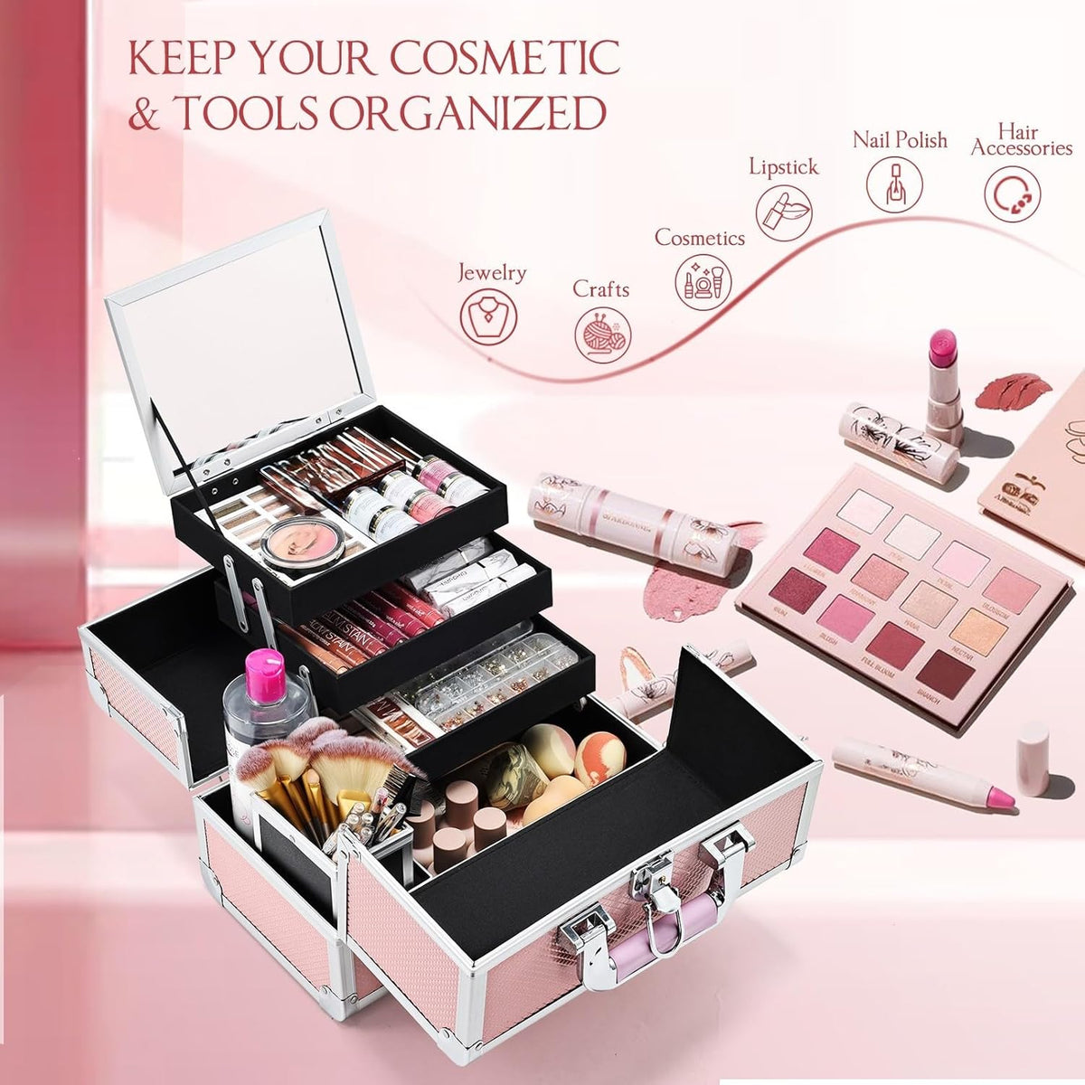 3-Tray Makeup Case with Mirror & Brush Holder, 11.6" Shine Black | Travel-ready makeup train case with lots of storage capacity. Home makeup box organizer holds cosmetics neatly and clean.