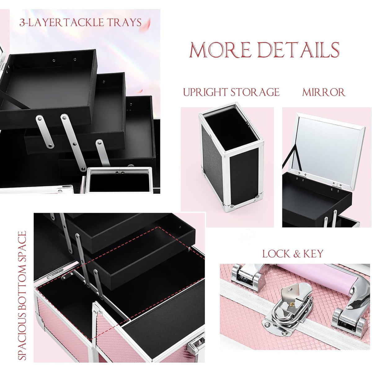 3-Tray Makeup Case with Mirror & Brush Holder, 11.6" Shine Black | Travel-ready makeup train case with lots of storage capacity. Home makeup box organizer holds cosmetics neatly and clean.