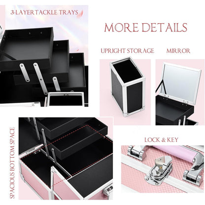 3-Tray Makeup Case with Mirror & Brush Holder, 11.6" Shine Black | Travel-ready makeup train case with lots of storage capacity. Home makeup box organizer holds cosmetics neatly and clean.