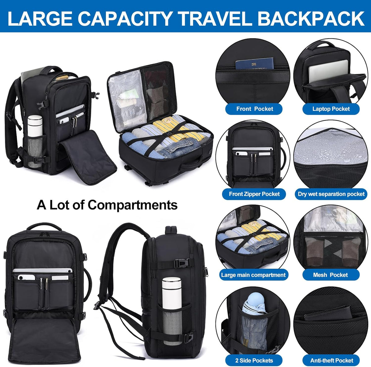 Travel Backpack for Men,Airplane Approved Carry On Backpack Suitcase with Shoe Pouch, Luggage Bag TSA 15.6inch Laptop Mochila Flight Approved Personal Item Travel Bag Bookbag Travel Essentials,Black