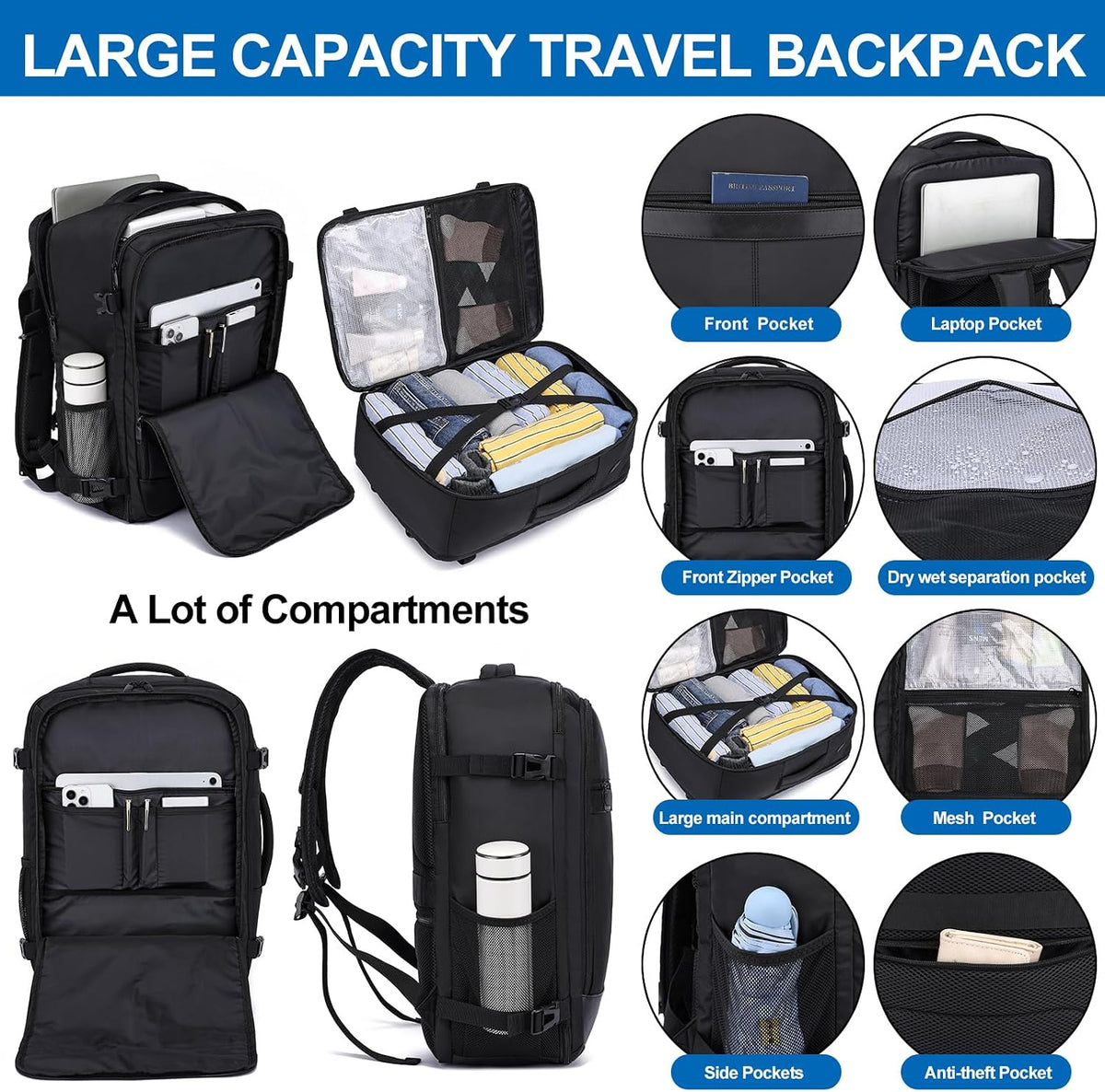 Travel Backpack for Men,Airplane Approved Carry On Backpack Suitcase with Shoe Pouch, Luggage Bag TSA 15.6inch Laptop Mochila Flight Approved Personal Item Travel Bag Bookbag Travel Essentials,Black