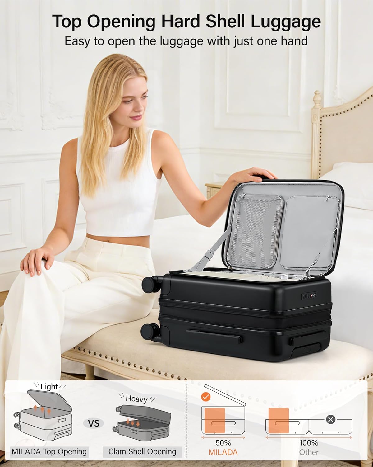 20-Inch Expandable Carry On Luggage, Hard Shell Top-Opening Luggage with Wheels, TSA-Approved Small Travel Bag for Men and Women Carry-On Suitcase, White