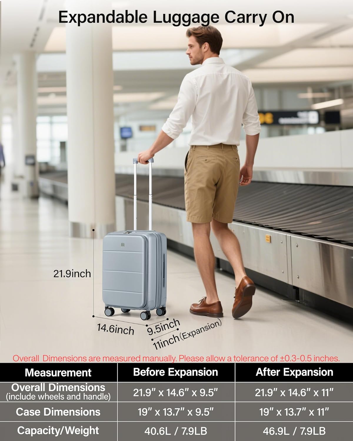 20-Inch Expandable Carry On Luggage, Hard Shell Top-Opening Luggage with Wheels, TSA-Approved Small Travel Bag for Men and Women Carry-On Suitcase, White
