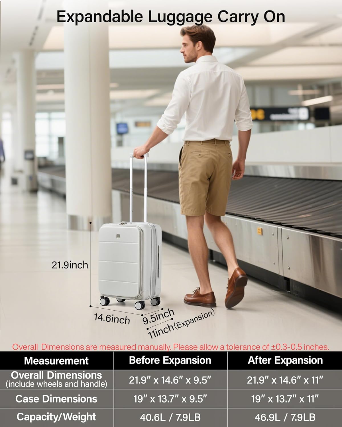 20-Inch Expandable Carry On Luggage, Hard Shell Top-Opening Luggage with Wheels, TSA-Approved Small Travel Bag for Men and Women Carry-On Suitcase, White