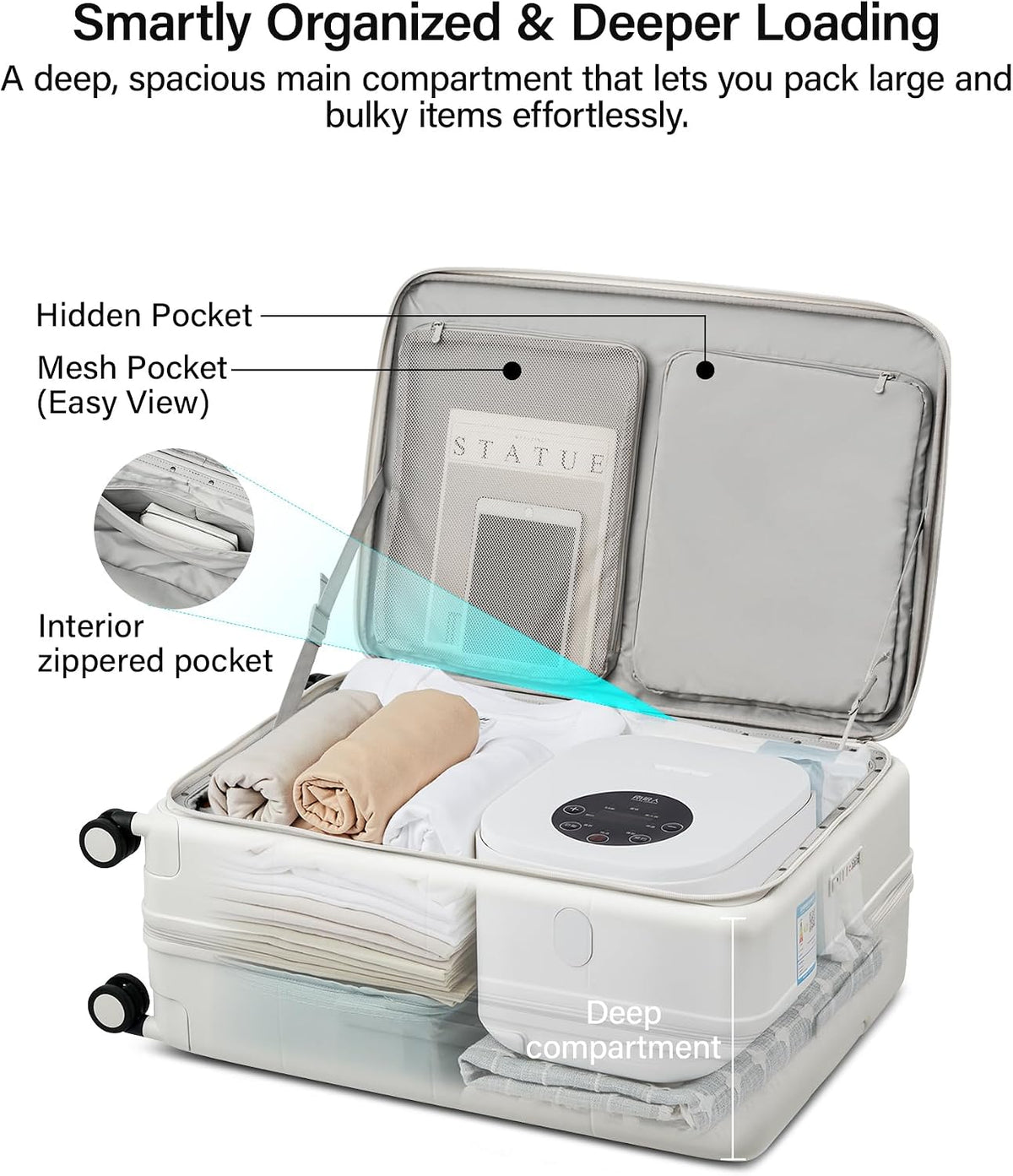 20-Inch Expandable Carry On Luggage, Hard Shell Top-Opening Luggage with Wheels, TSA-Approved Small Travel Bag for Men and Women Carry-On Suitcase, White