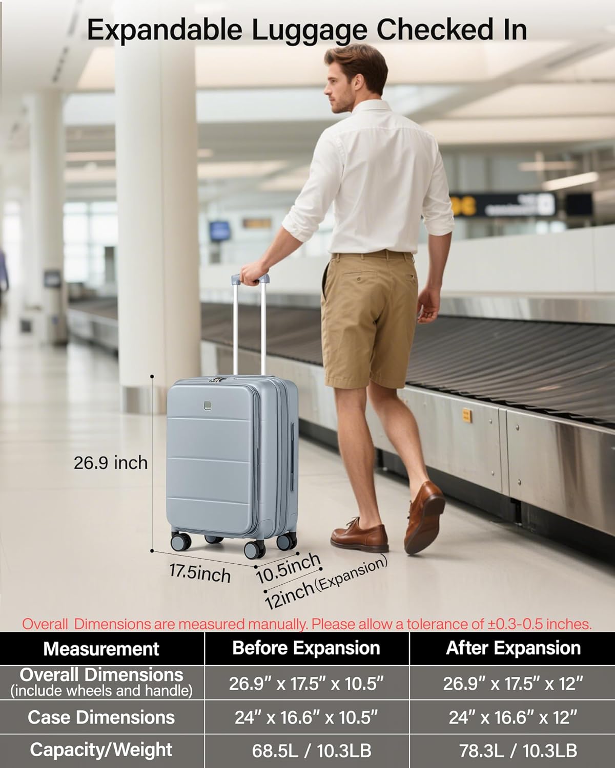 20-Inch Expandable Carry On Luggage, Hard Shell Top-Opening Luggage with Wheels, TSA-Approved Small Travel Bag for Men and Women Carry-On Suitcase, White