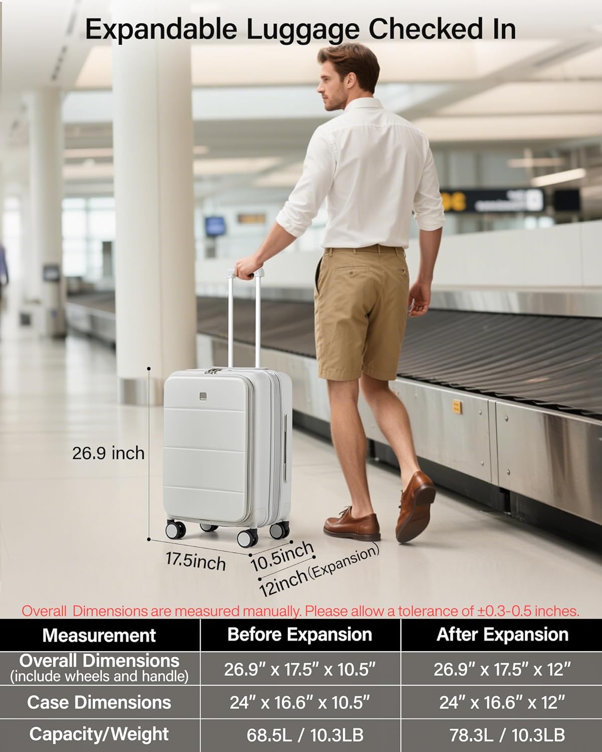 20-Inch Expandable Carry On Luggage, Hard Shell Top-Opening Luggage with Wheels, TSA-Approved Small Travel Bag for Men and Women Carry-On Suitcase, White