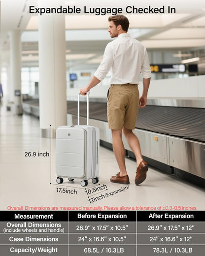 20-Inch Expandable Carry On Luggage, Hard Shell Top-Opening Luggage with Wheels, TSA-Approved Small Travel Bag for Men and Women Carry-On Suitcase, White