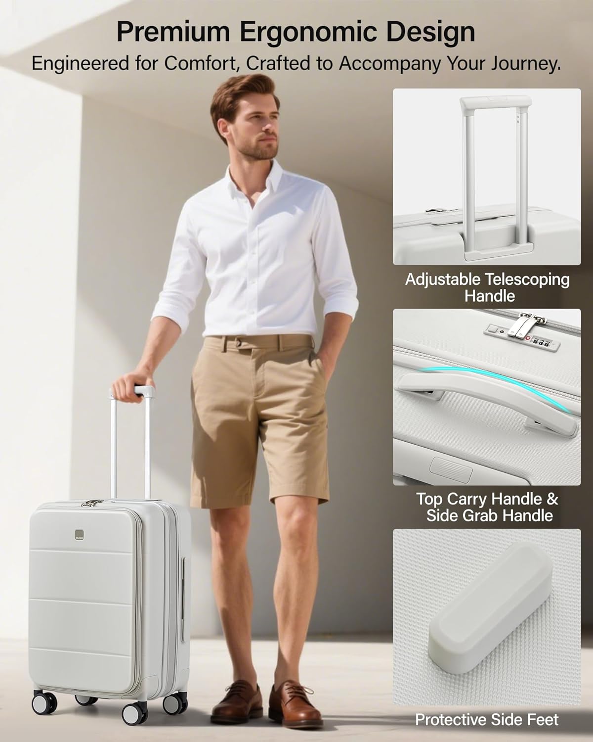 20-Inch Expandable Carry On Luggage, Hard Shell Top-Opening Luggage with Wheels, TSA-Approved Small Travel Bag for Men and Women Carry-On Suitcase, White