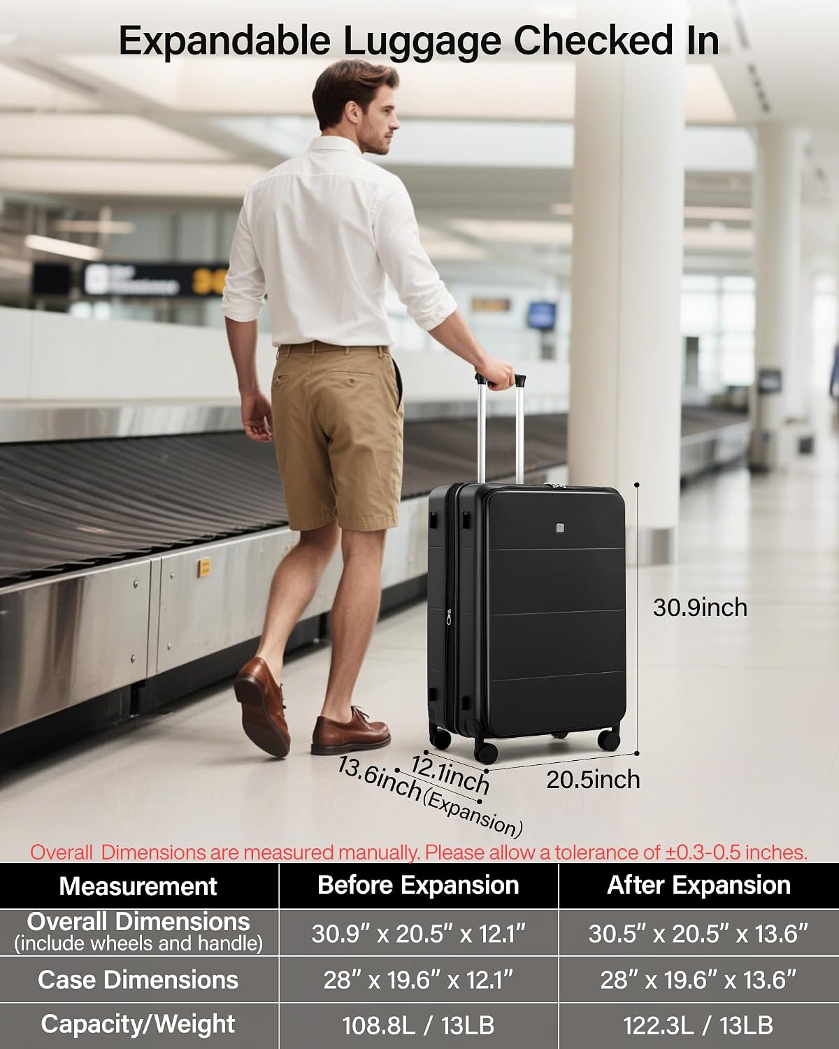 20-Inch Expandable Carry On Luggage, Hard Shell Top-Opening Luggage with Wheels, TSA-Approved Small Travel Bag for Men and Women Carry-On Suitcase, White