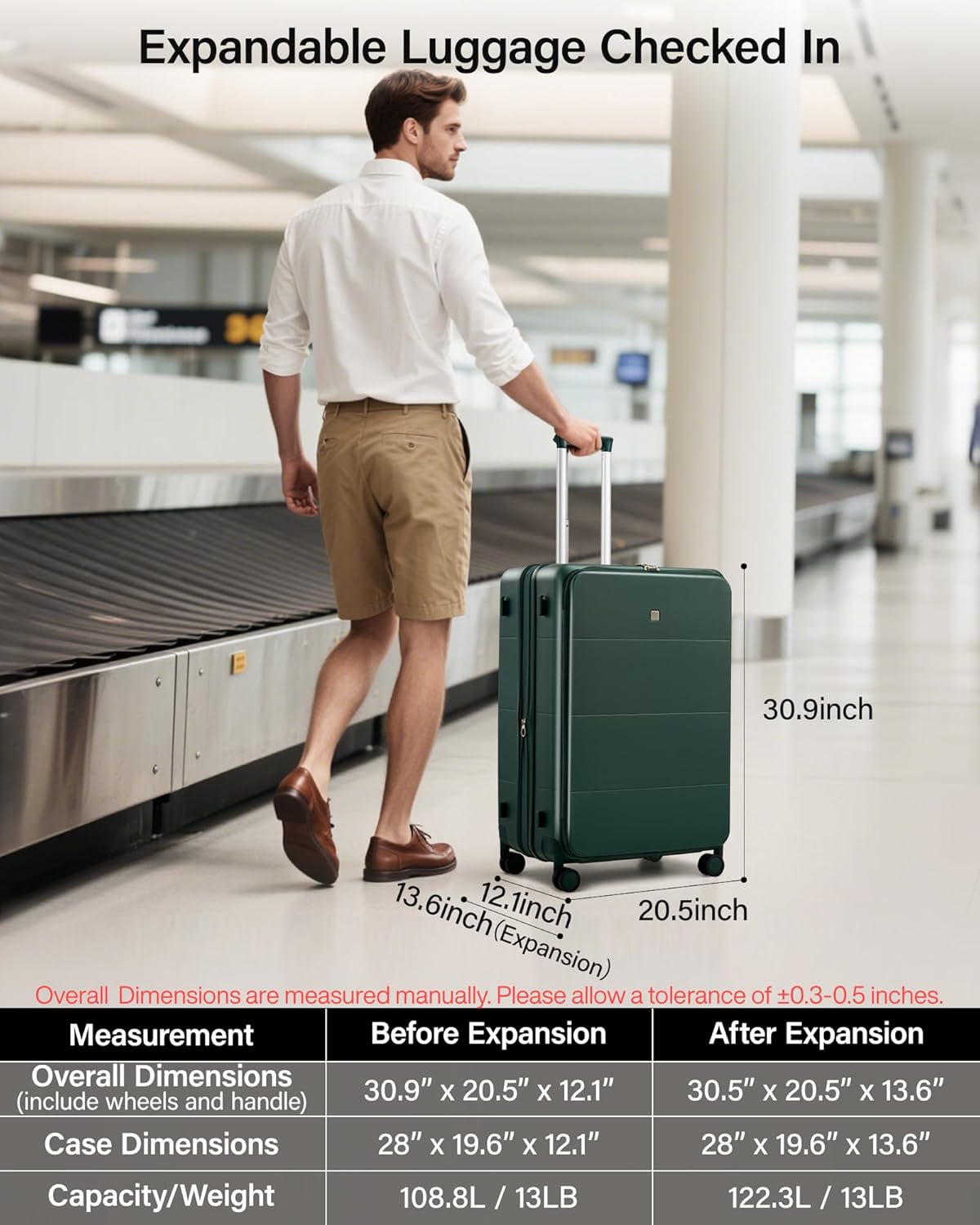 20-Inch Expandable Carry On Luggage, Hard Shell Top-Opening Luggage with Wheels, TSA-Approved Small Travel Bag for Men and Women Carry-On Suitcase, White