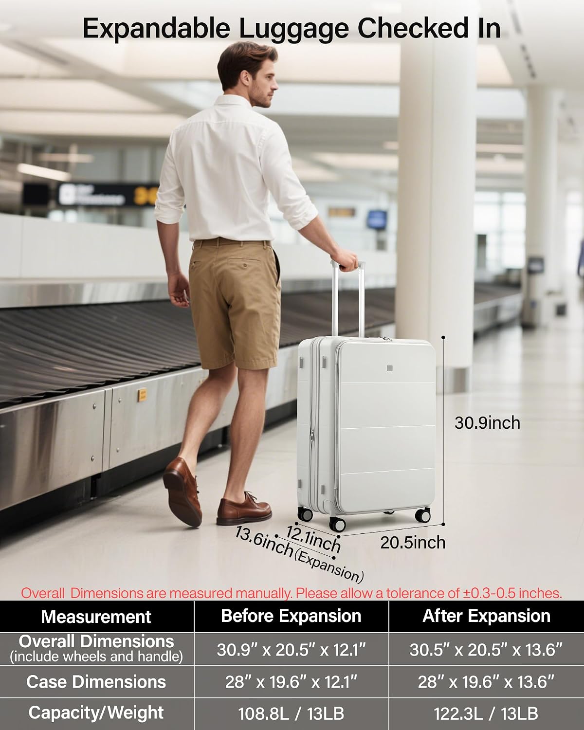 20-Inch Expandable Carry On Luggage, Hard Shell Top-Opening Luggage with Wheels, TSA-Approved Small Travel Bag for Men and Women Carry-On Suitcase, White