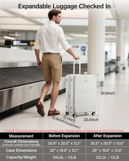 20-Inch Expandable Carry On Luggage, Hard Shell Top-Opening Luggage with Wheels, TSA-Approved Small Travel Bag for Men and Women Carry-On Suitcase, White