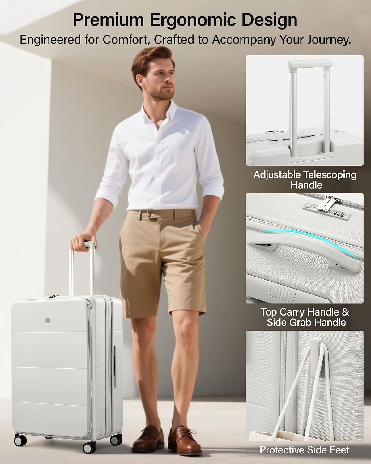 20-Inch Expandable Carry On Luggage, Hard Shell Top-Opening Luggage with Wheels, TSA-Approved Small Travel Bag for Men and Women Carry-On Suitcase, White