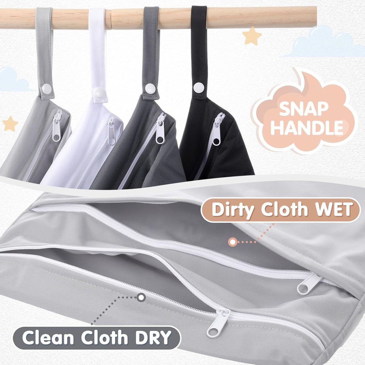 4 Pack Wet Dry Bags for Baby Cloth Diapers 12x14 Washable Travel Swimsuit Wet Bags Reusable with Two Zippered Pockets for Yoga Gym Swimsuits Travel Beach Pool Soiled Items(Fresh Color)