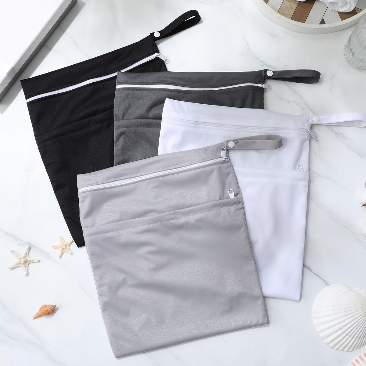 4 Pack Wet Dry Bags for Baby Cloth Diapers 12x14 Washable Travel Swimsuit Wet Bags Reusable with Two Zippered Pockets for Yoga Gym Swimsuits Travel Beach Pool Soiled Items(Fresh Color)