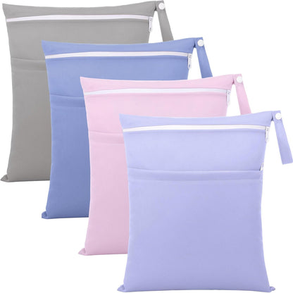 4 Pack Wet Dry Bags for Baby Cloth Diapers 12x14 Washable Travel Swimsuit Wet Bags Reusable with Two Zippered Pockets for Yoga Gym Swimsuits Travel Beach Pool Soiled Items(Fresh Color)