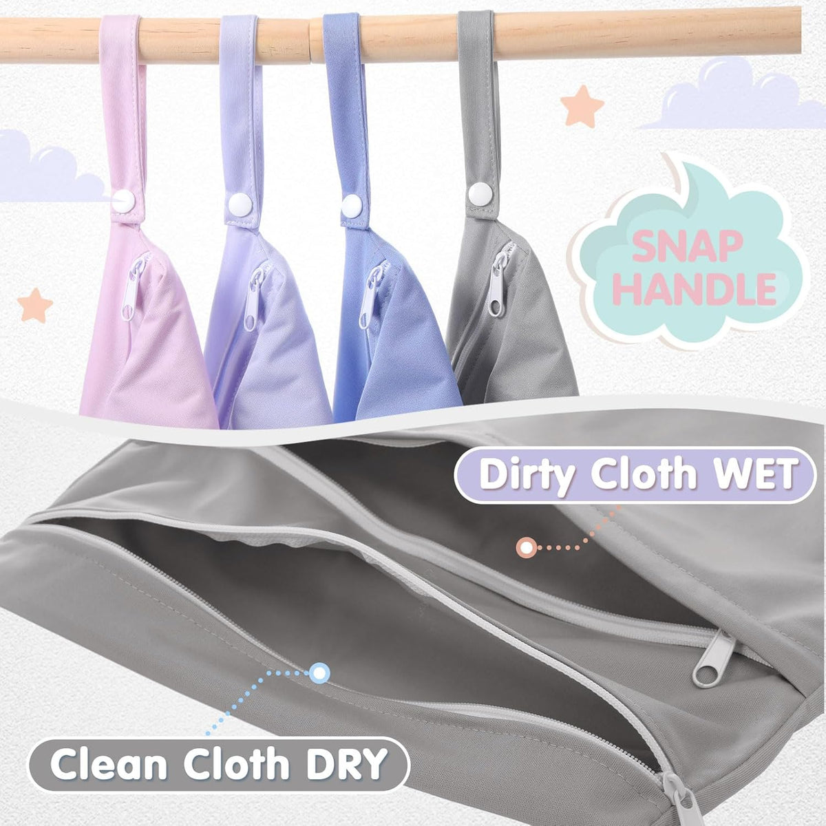 4 Pack Wet Dry Bags for Baby Cloth Diapers 12x14 Washable Travel Swimsuit Wet Bags Reusable with Two Zippered Pockets for Yoga Gym Swimsuits Travel Beach Pool Soiled Items(Fresh Color)