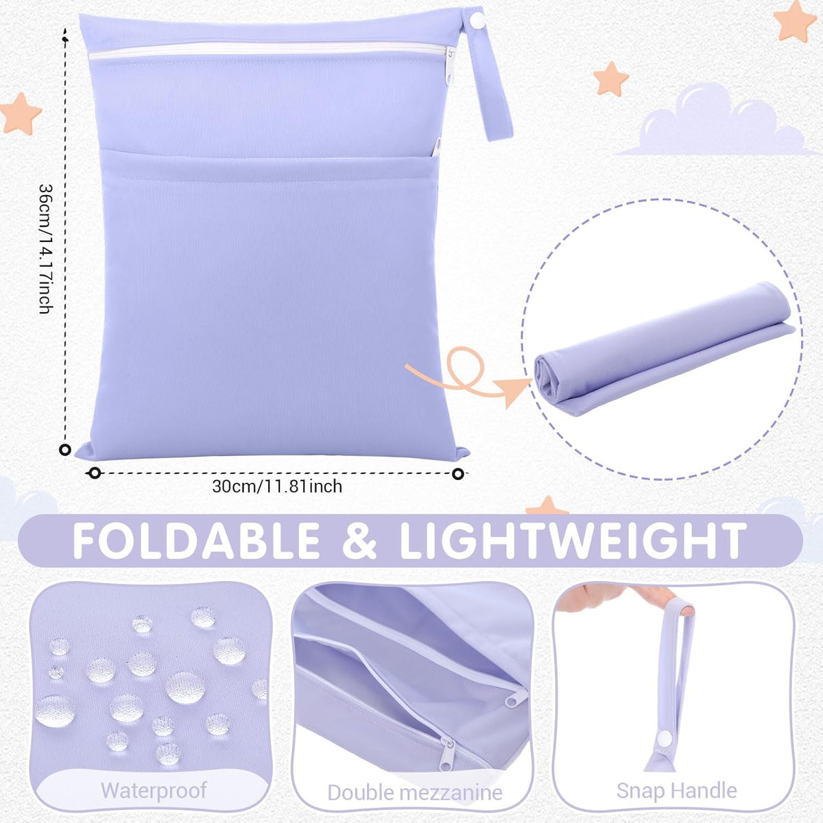 4 Pack Wet Dry Bags for Baby Cloth Diapers 12x14 Washable Travel Swimsuit Wet Bags Reusable with Two Zippered Pockets for Yoga Gym Swimsuits Travel Beach Pool Soiled Items(Fresh Color)