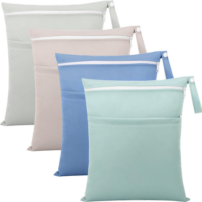 4 Pack Wet Dry Bags for Baby Cloth Diapers 12x14 Washable Travel Swimsuit Wet Bags Reusable with Two Zippered Pockets for Yoga Gym Swimsuits Travel Beach Pool Soiled Items(Fresh Color)