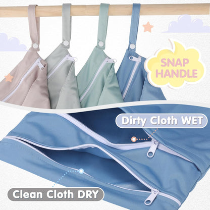 4 Pack Wet Dry Bags for Baby Cloth Diapers 12x14 Washable Travel Swimsuit Wet Bags Reusable with Two Zippered Pockets for Yoga Gym Swimsuits Travel Beach Pool Soiled Items(Fresh Color)