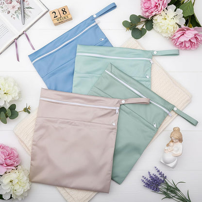 4 Pack Wet Dry Bags for Baby Cloth Diapers 12x14 Washable Travel Swimsuit Wet Bags Reusable with Two Zippered Pockets for Yoga Gym Swimsuits Travel Beach Pool Soiled Items(Fresh Color)