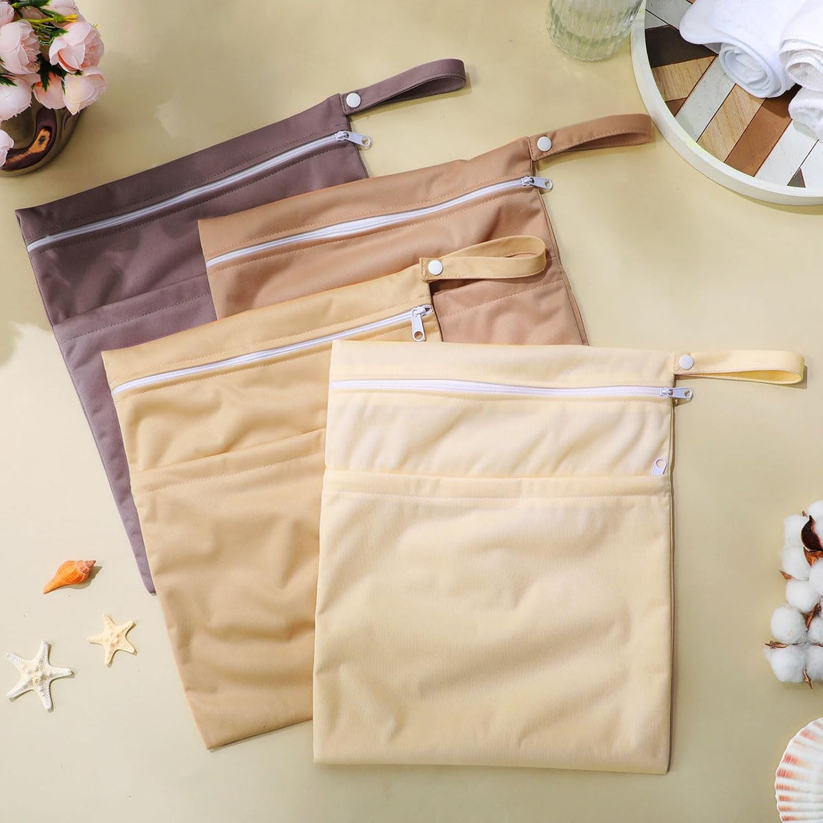 4 Pack Wet Dry Bags for Baby Cloth Diapers 12x14 Washable Travel Swimsuit Wet Bags Reusable with Two Zippered Pockets for Yoga Gym Swimsuits Travel Beach Pool Soiled Items(Fresh Color)