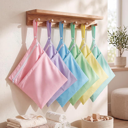 4 Pack Wet Dry Bags for Baby Cloth Diapers 12x14 Washable Travel Swimsuit Wet Bags Reusable with Two Zippered Pockets for Yoga Gym Swimsuits Travel Beach Pool Soiled Items(Fresh Color)