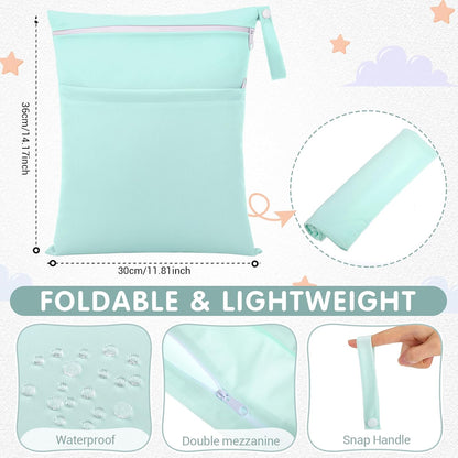 4 Pack Wet Dry Bags for Baby Cloth Diapers 12x14 Washable Travel Swimsuit Wet Bags Reusable with Two Zippered Pockets for Yoga Gym Swimsuits Travel Beach Pool Soiled Items(Fresh Color)