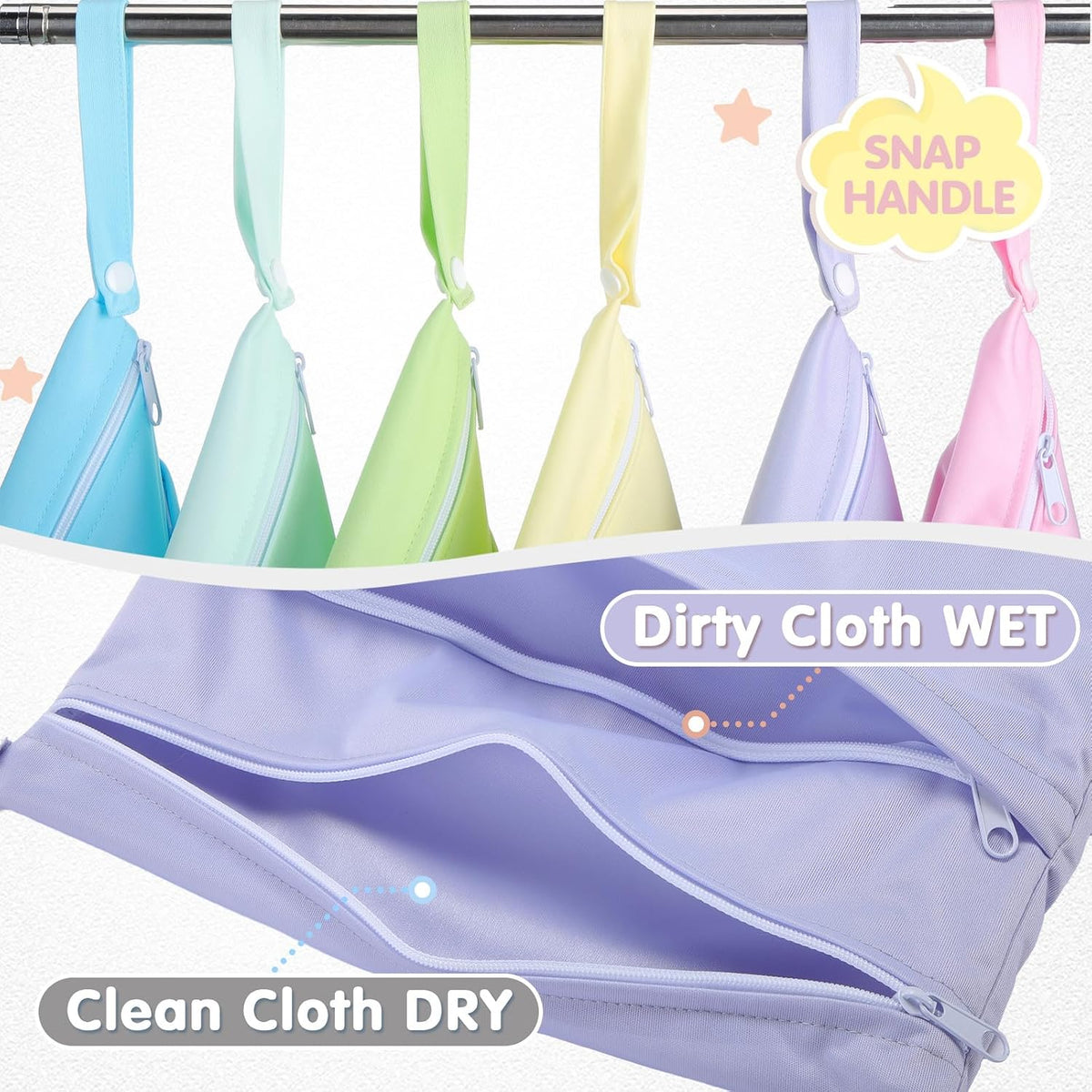 4 Pack Wet Dry Bags for Baby Cloth Diapers 12x14 Washable Travel Swimsuit Wet Bags Reusable with Two Zippered Pockets for Yoga Gym Swimsuits Travel Beach Pool Soiled Items(Fresh Color)