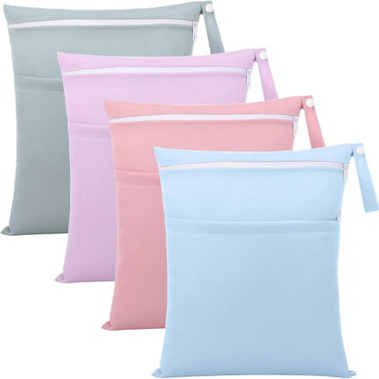4 Pack Wet Dry Bags for Baby Cloth Diapers 12x14 Washable Travel Swimsuit Wet Bags Reusable with Two Zippered Pockets for Yoga Gym Swimsuits Travel Beach Pool Soiled Items(Fresh Color)