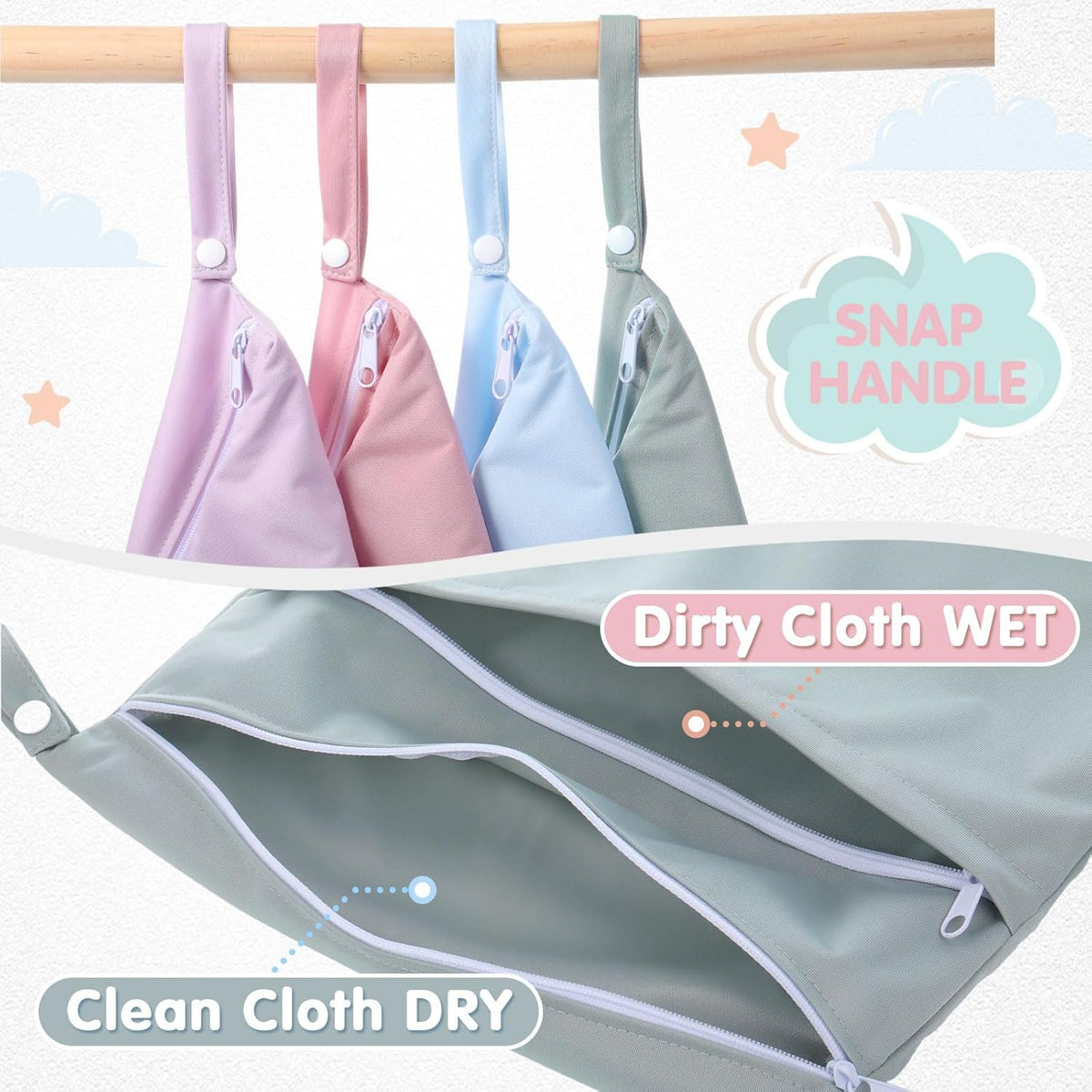 4 Pack Wet Dry Bags for Baby Cloth Diapers 12x14 Washable Travel Swimsuit Wet Bags Reusable with Two Zippered Pockets for Yoga Gym Swimsuits Travel Beach Pool Soiled Items(Fresh Color)